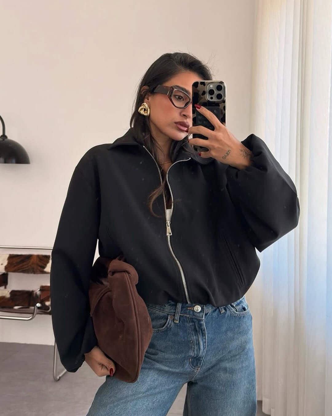OLANE Front-Zip Puffer Bomber Jacket BlackSWomen's Coats & Jackets