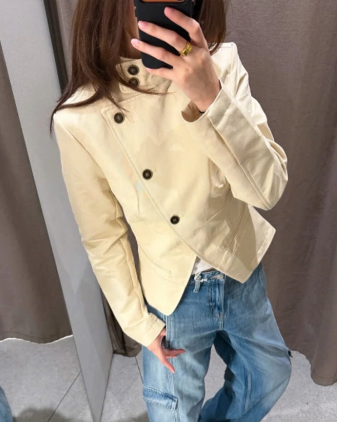 OLANE Funnel Neck Double-Breasted Blazer BeigeMWomen's Blazers