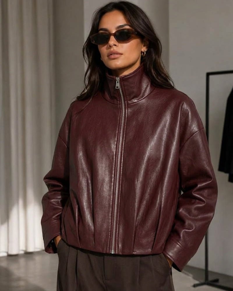 OLANE Funnel Neck Faux Leather Biker Jacket BurgundyLJacket