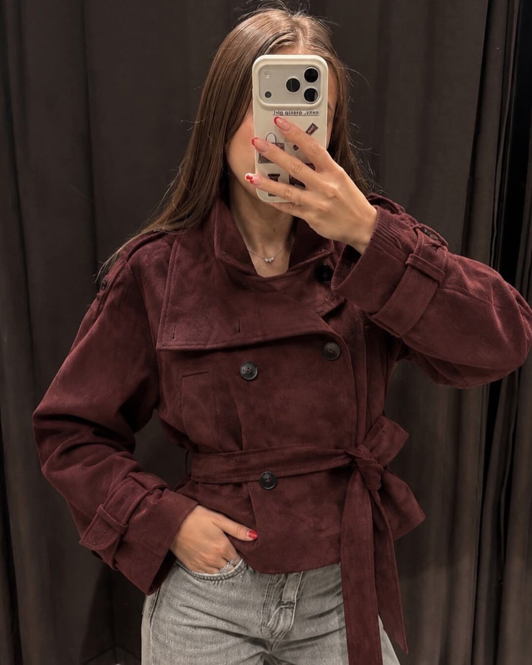 OLANE Funnel Neck Faux Suede Belted Jacket BurgundyMJacket