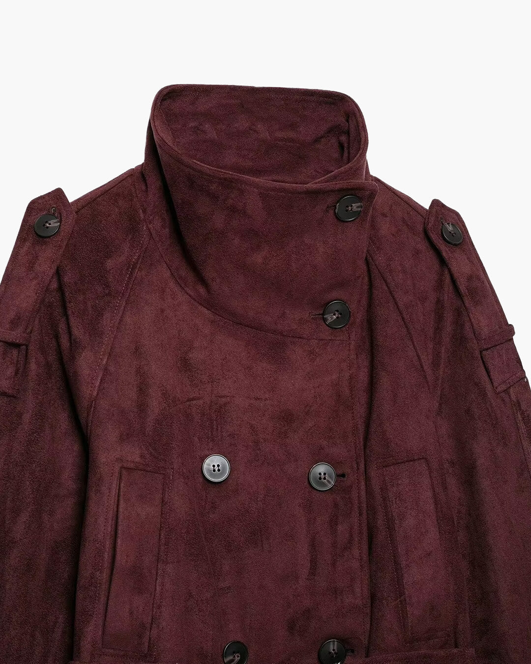OLANE Funnel Neck Faux Suede Belted Jacket BurgundySJacket