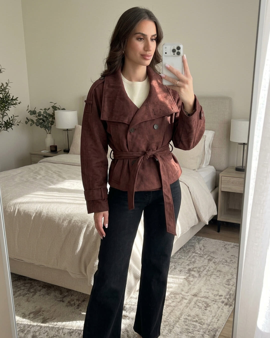 OLANE Funnel Neck Faux Suede Belted Jacket BurgundySJacket