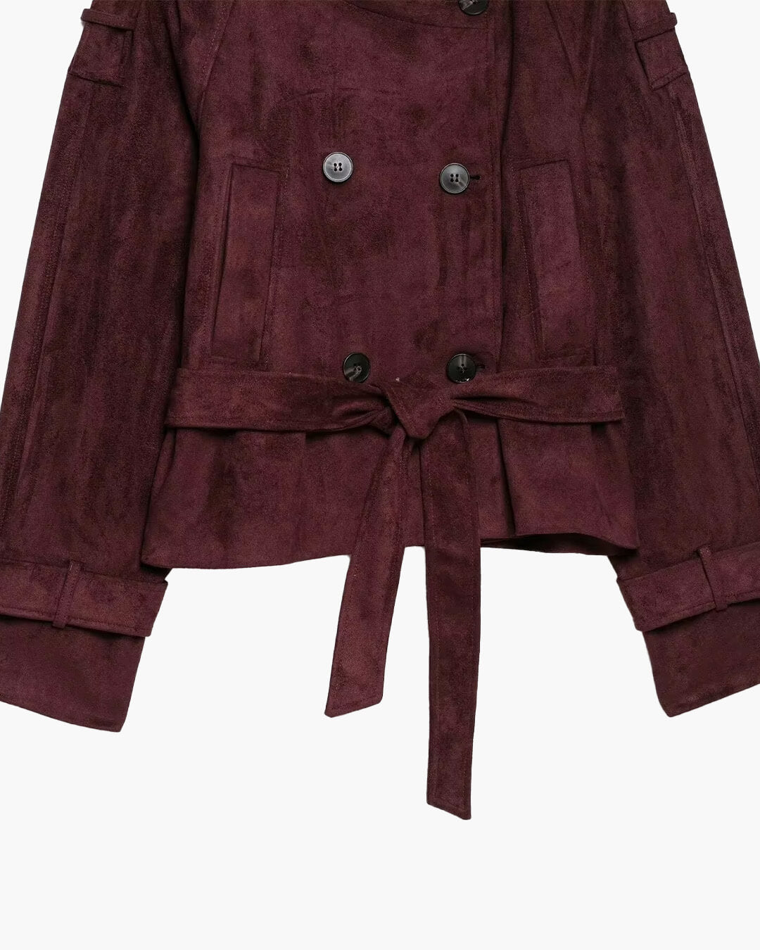 OLANE Funnel Neck Faux Suede Belted Jacket BurgundySJacket