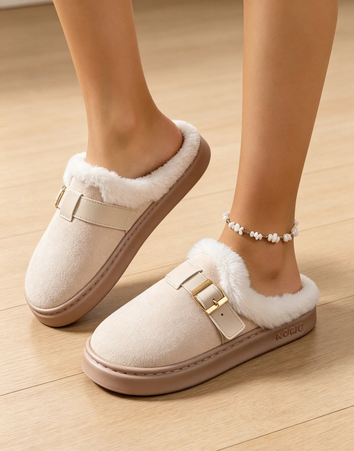 OLANE Fuzzy Retro Faux Fur Lined Suede Slippers Beige36-37Shoes