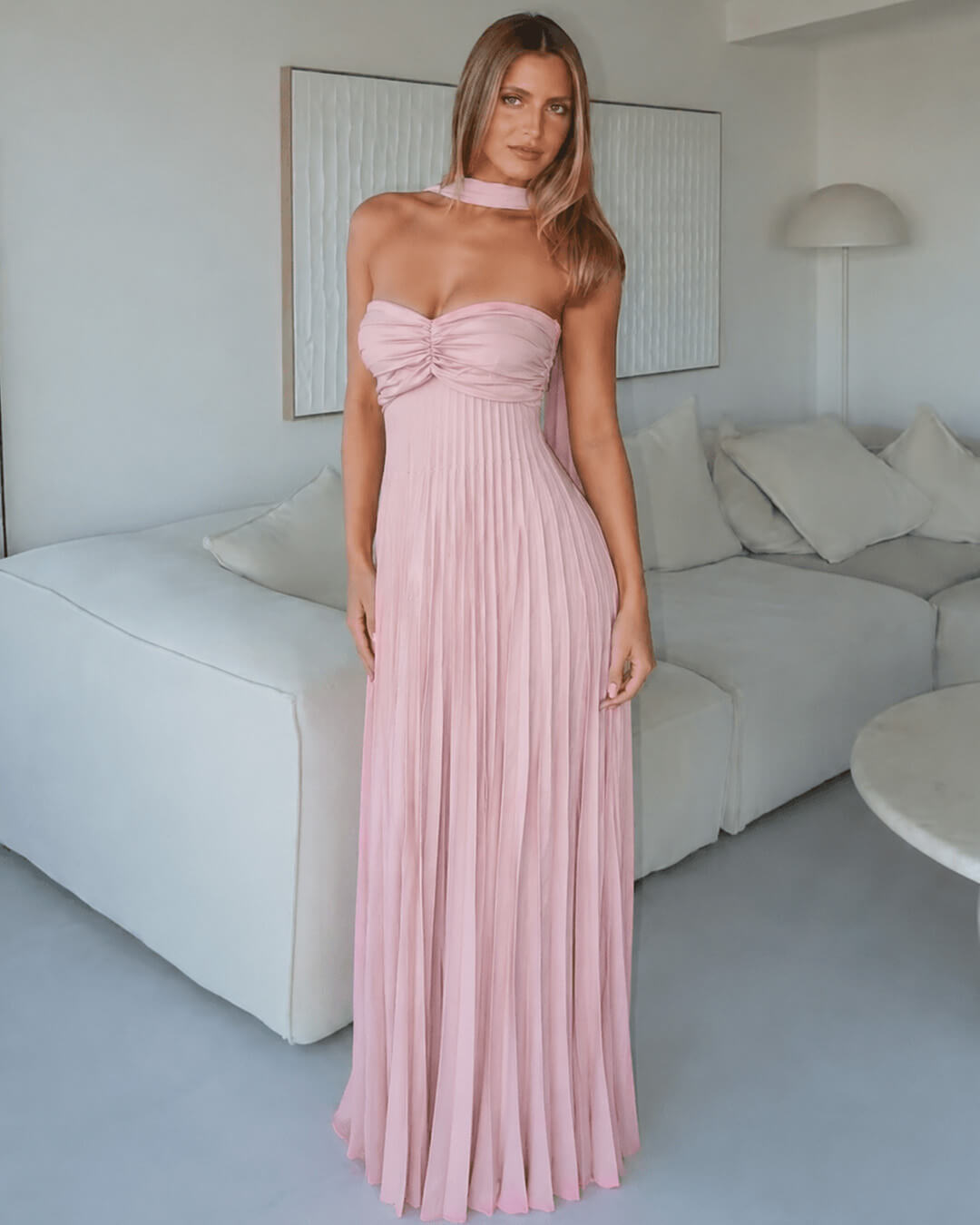 OLANE Gloria Strapless Maxi Dress with Scarf PinkMWomen’s Dresses