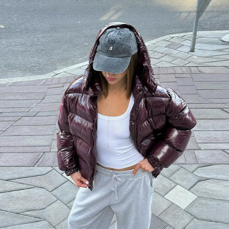 OLANE Glossy Hooded Puffer Jacket BurgundyMWomen's Coats & Jackets