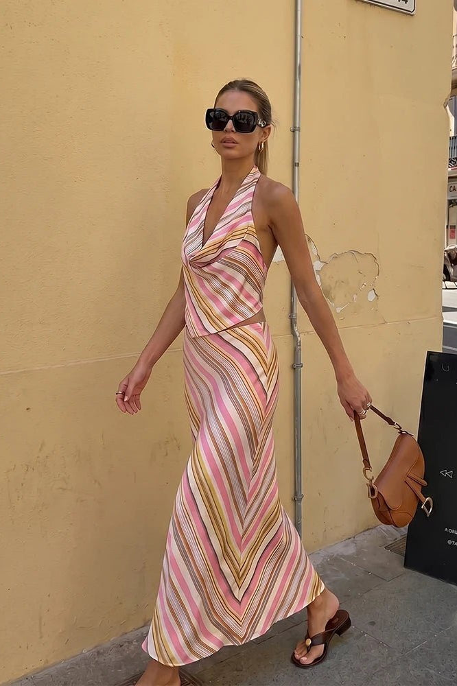 OLANE Halter Neck Bohemian Striped Satin Set Set (Top+Skirt)XSWomen's Sets