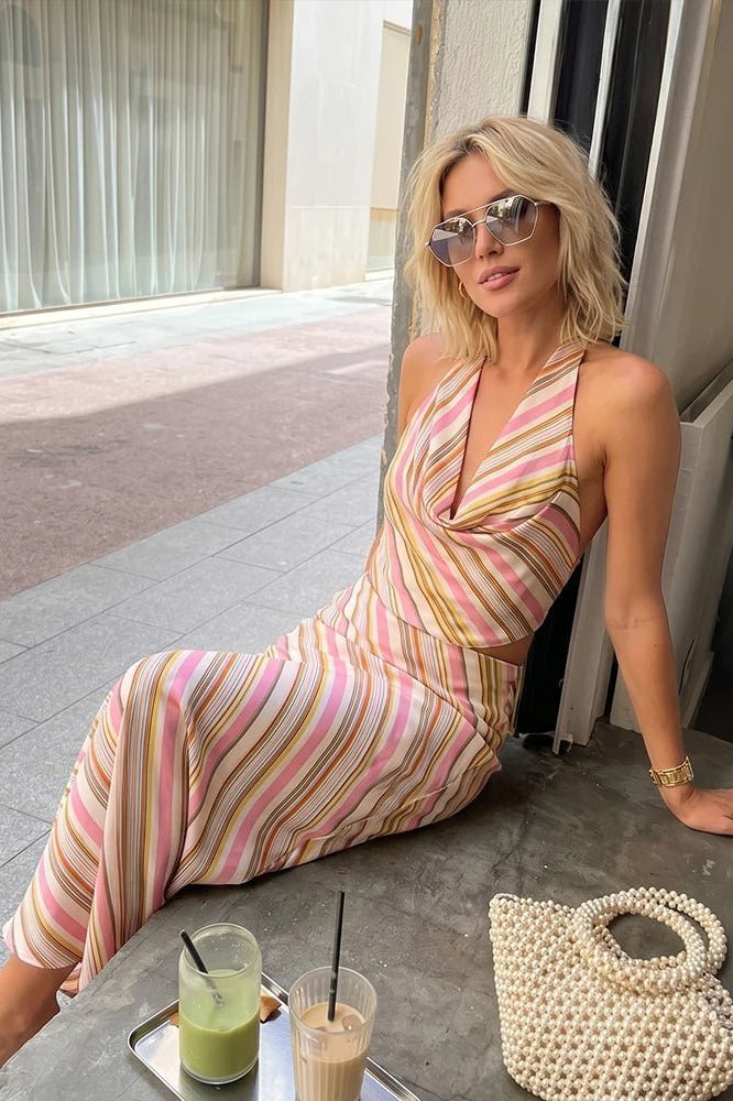 OLANE Halter Neck Bohemian Striped Satin Set Set (Top+Skirt)XSWomen's Sets