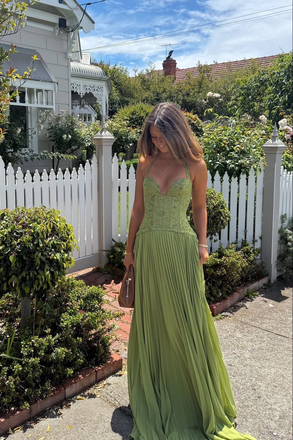OLANE Halter Neck Pleated Corset Maxi Dress MWomen's Dresses