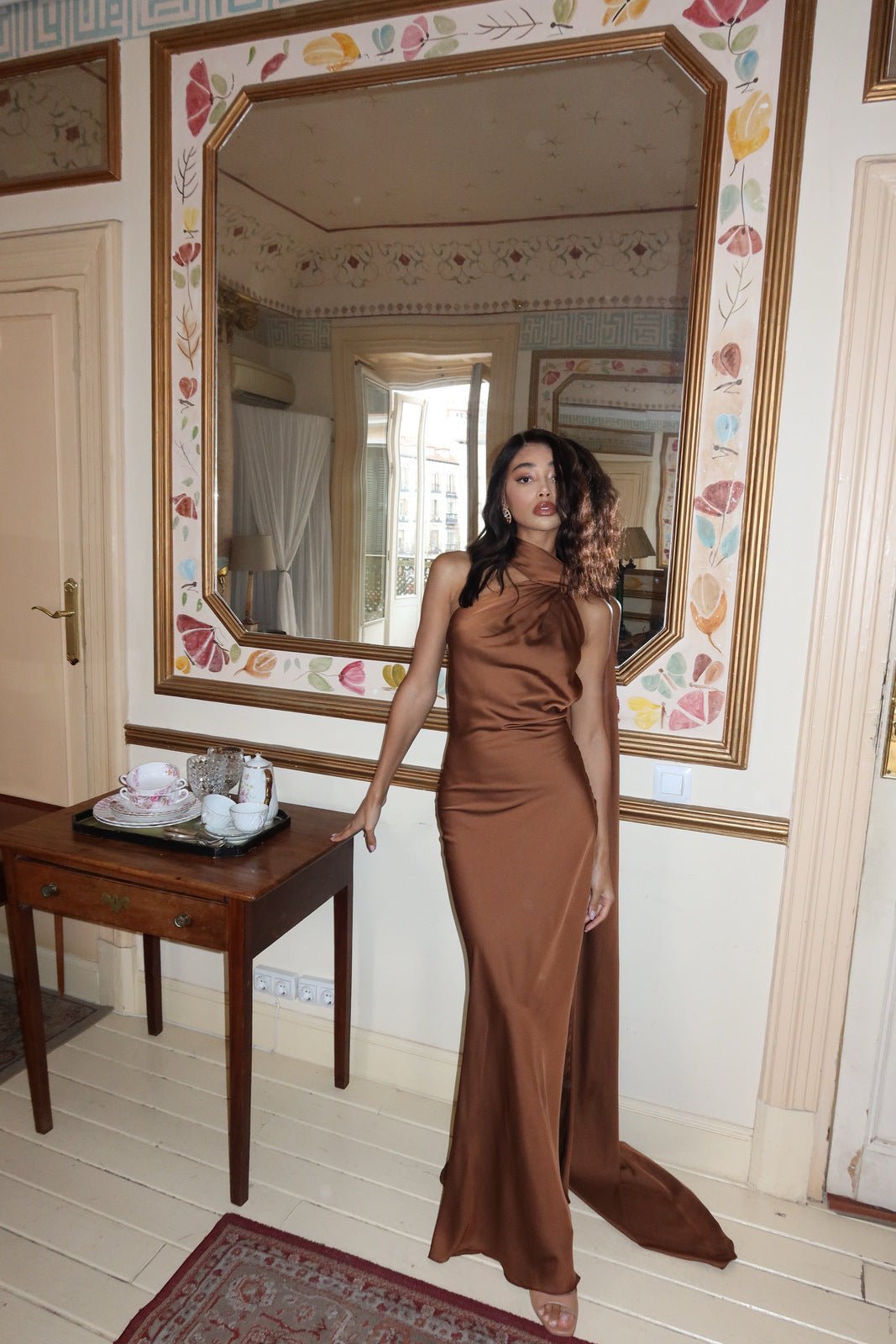 OLANE Halter Open Back Cape Maxi Dress BrownLDress