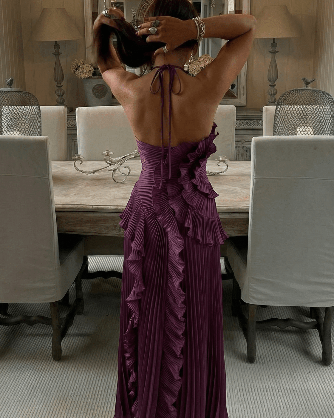 OLANE Halter Pleated Ruffle Maxi Dress Dark PurpleLDress