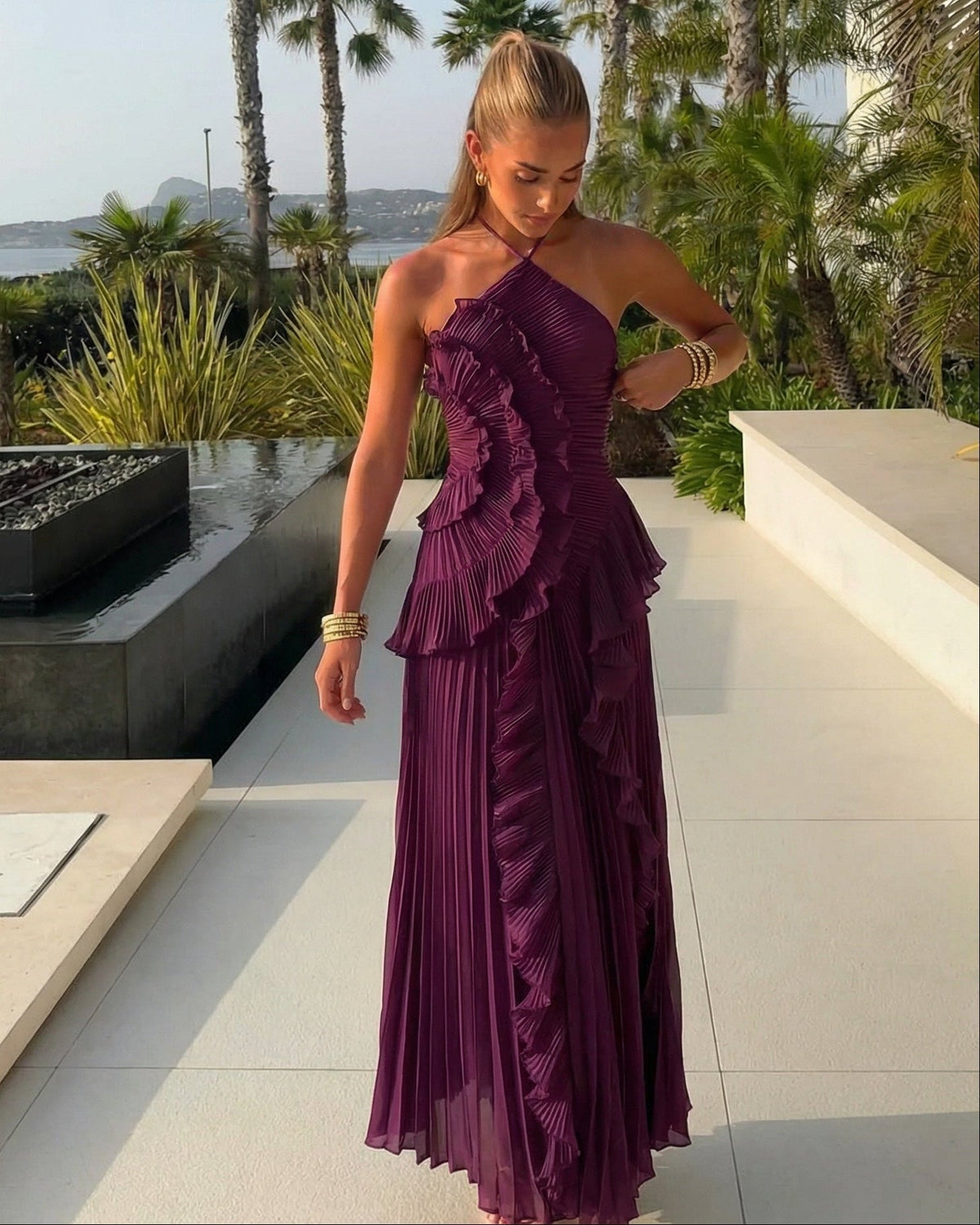 OLANE Halter Pleated Ruffle Maxi Dress Dark PurpleSDress