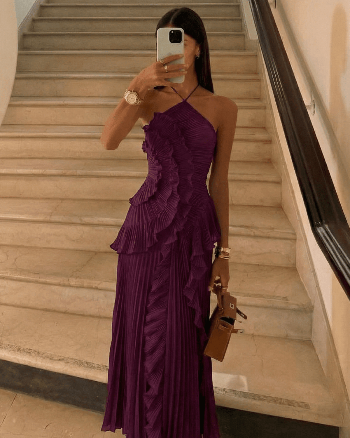 OLANE Halter Pleated Ruffle Maxi Dress Dark PurpleXSDress