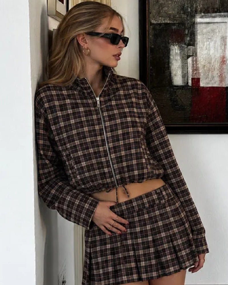 OLANE High Collar Checked Zip-Up Jacket LWomen's Coats & Jackets