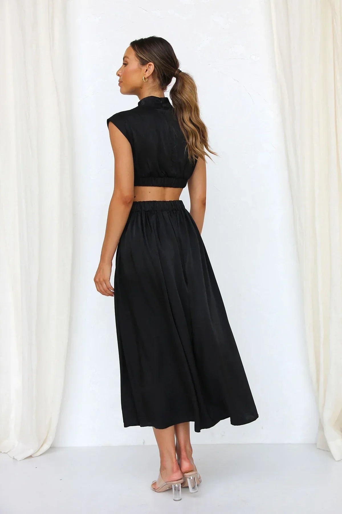 OLANE High-Neck Cut Out Midi Dress BlackXSWomen's Dresses