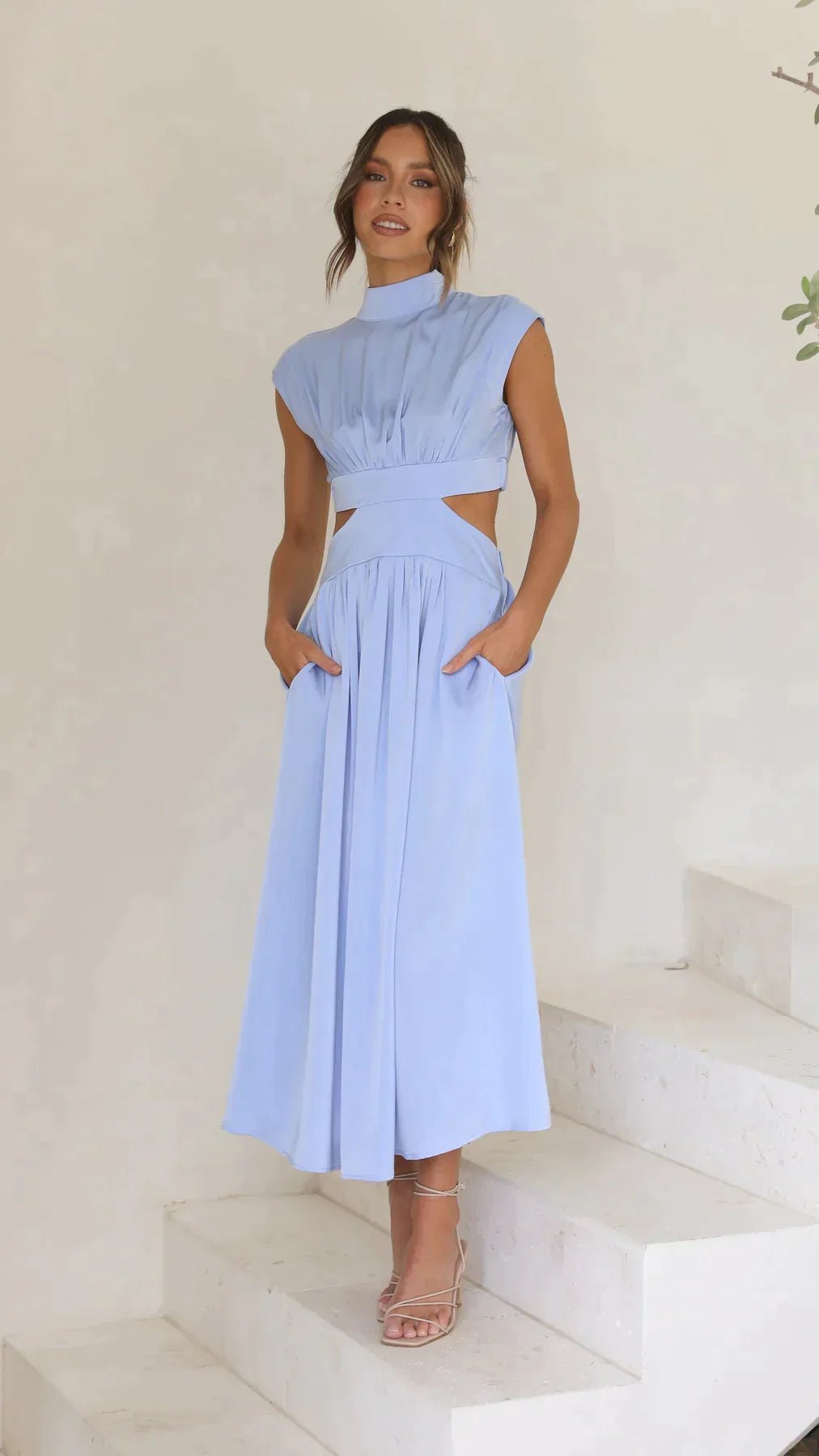 OLANE High-Neck Cut Out Midi Dress BlueXSWomen's Dresses