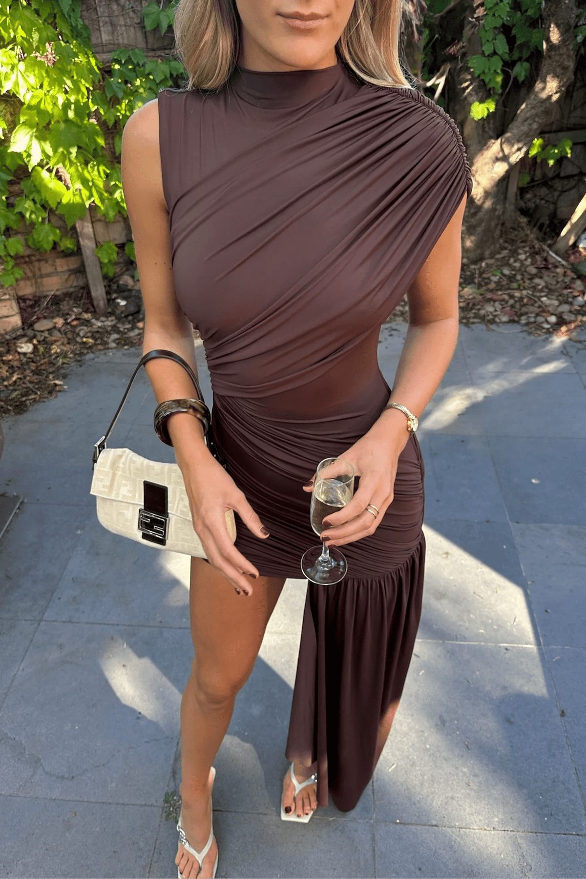 OLANE High Neck Ruched Mini Dress CoffeeSWomen's Dresses