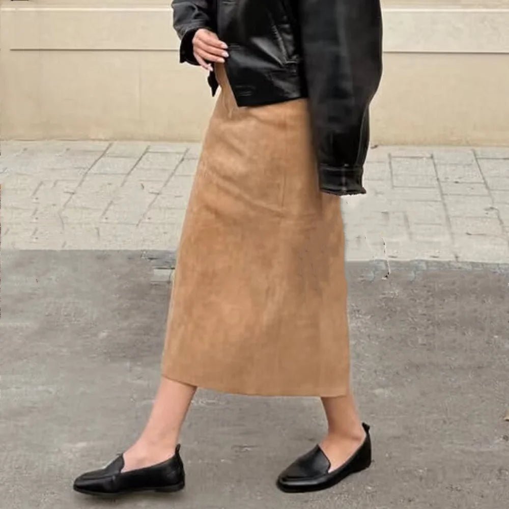OLANE High-Waist Pencil Faux Suede Midi Skirt BeigeSSkirt