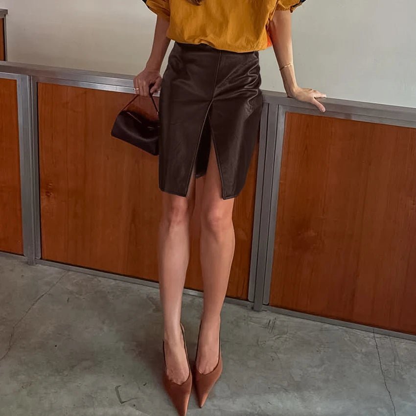 OLANE High Waist Split Knee Vegan Leather Skirt BrownLSkirt