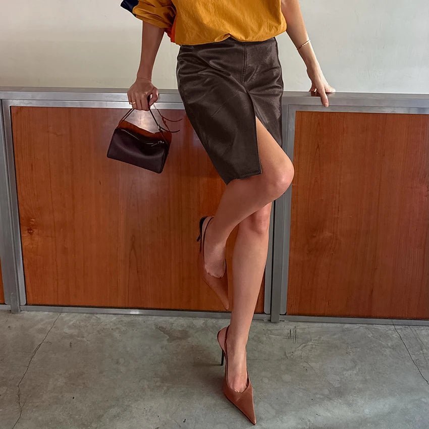 OLANE High Waist Split Knee Vegan Leather Skirt BrownMSkirt