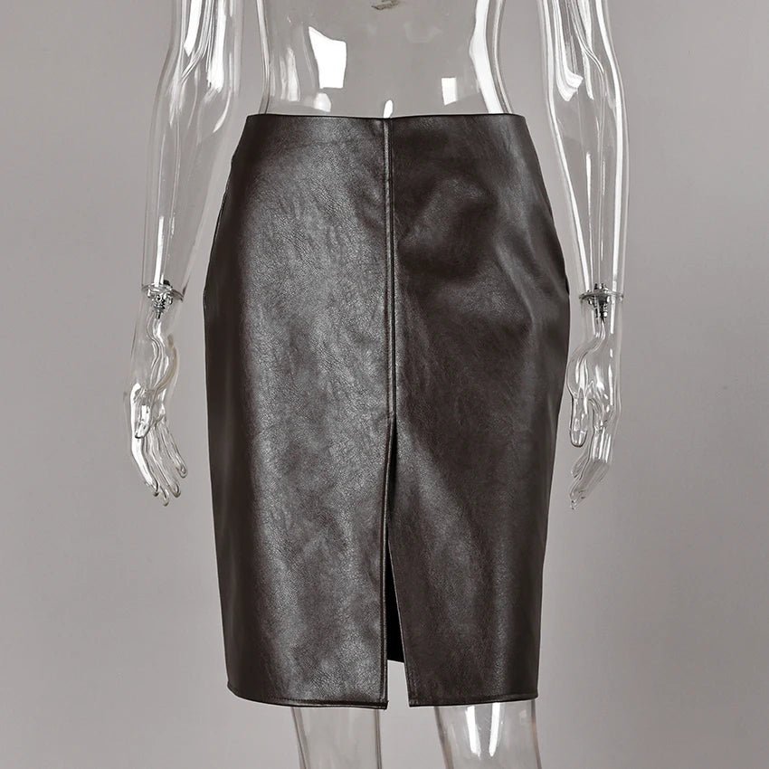 OLANE High Waist Split Knee Vegan Leather Skirt BrownSSkirt