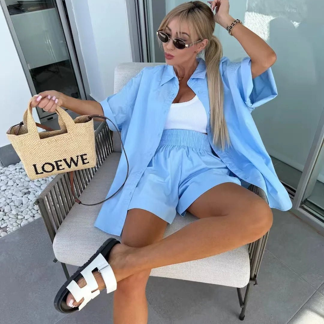 OLANE Janine Lapel Half-Sleeve Top & Shorts Set BlueSWomen's Sets