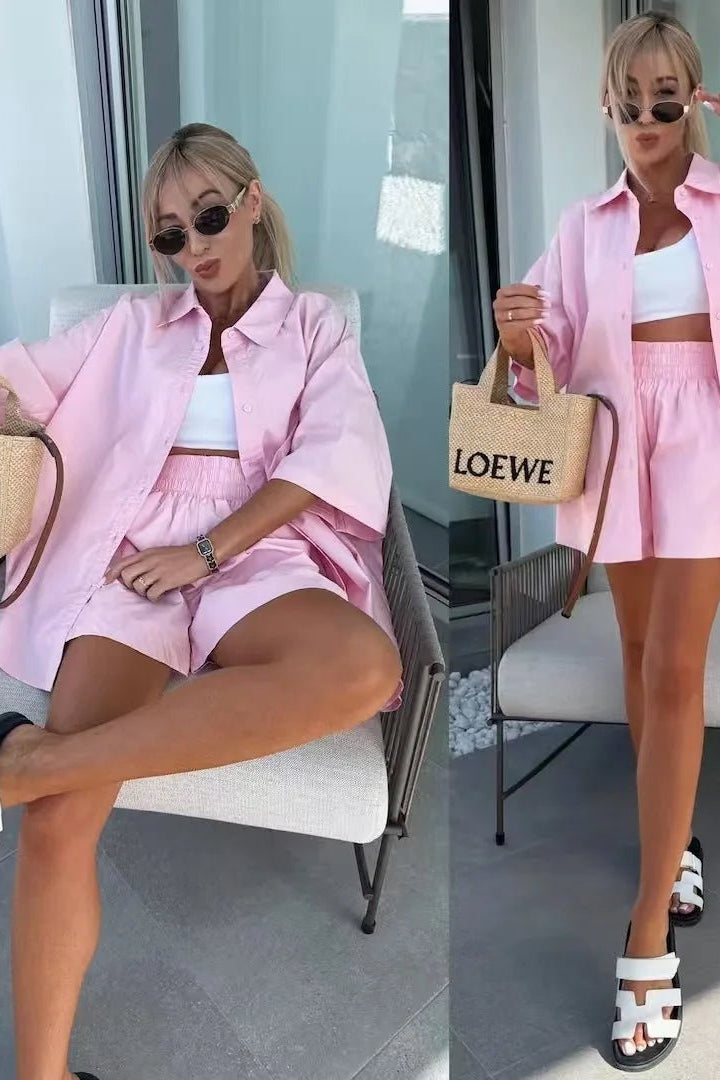 OLANE Janine Lapel Half-Sleeve Top & Shorts Set BlueSWomen's Sets