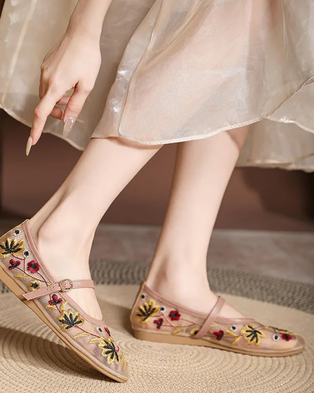 OLANE Kate Embroidered Ballet Flats Apricot37Women's Shoes