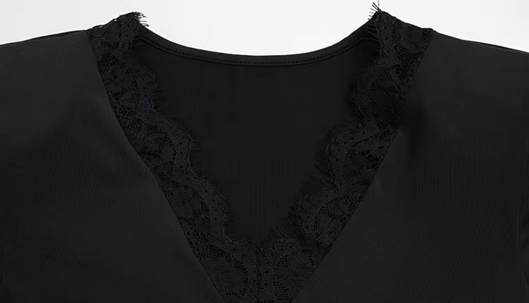 OLANE Lace Trim Slim Long Sleeve Mini Dress BlackLWomen’s Dresses