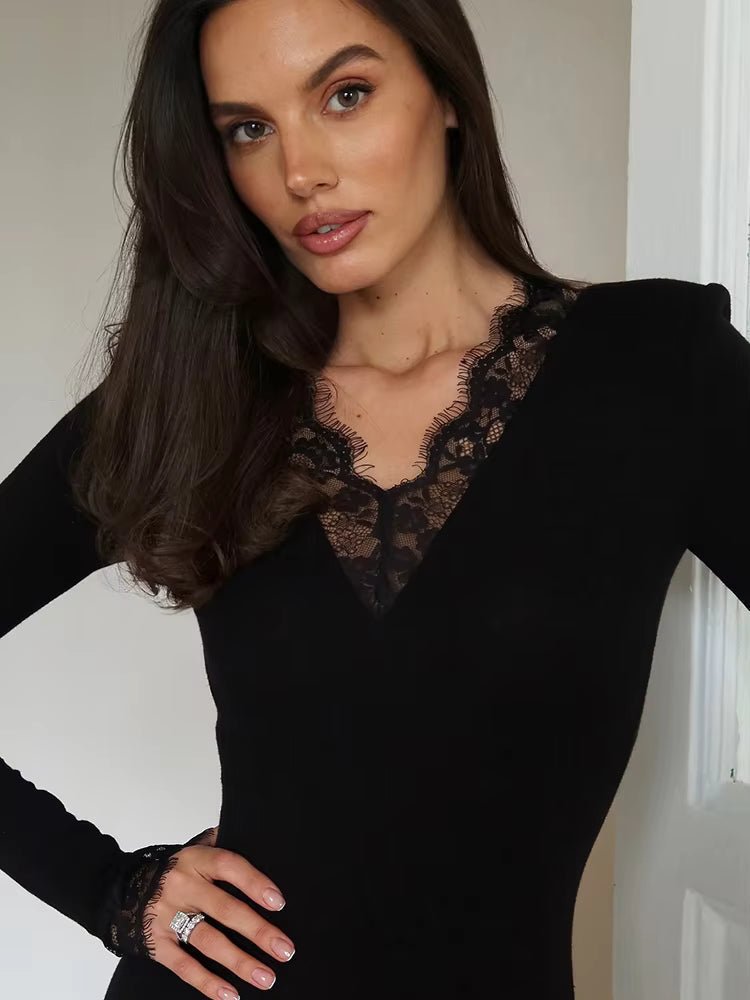 OLANE Lace Trim Slim Long Sleeve Mini Dress BlackLWomen’s Dresses