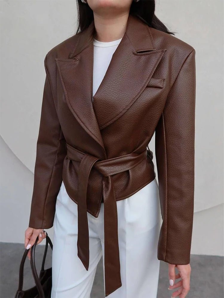 OLANE Lace-Up Faux Leather Blazer Jacket BrownLJacket