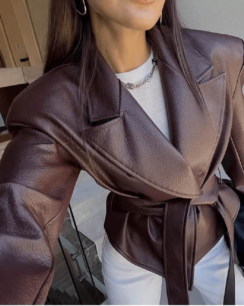 OLANE Lace-Up Faux Leather Blazer Jacket BrownMJacket