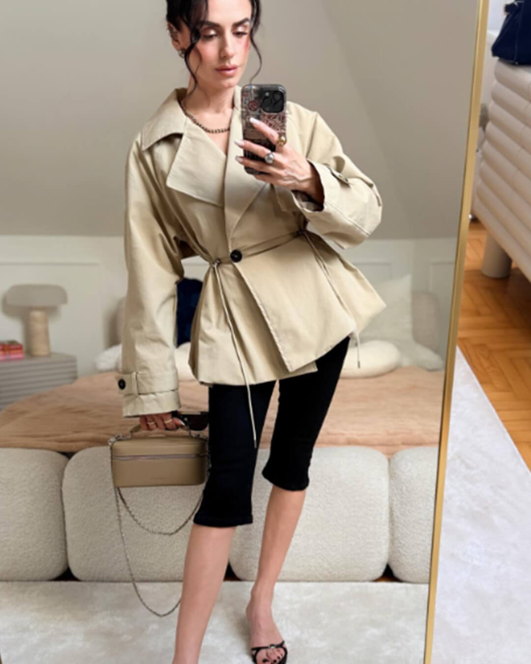 OLANE Lapel Collar Drawstring Trench Coat BeigeMWomen's Coats & Jackets