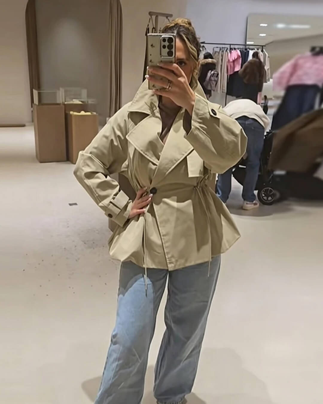 OLANE Lapel Collar Drawstring Trench Coat BeigeMWomen's Coats & Jackets