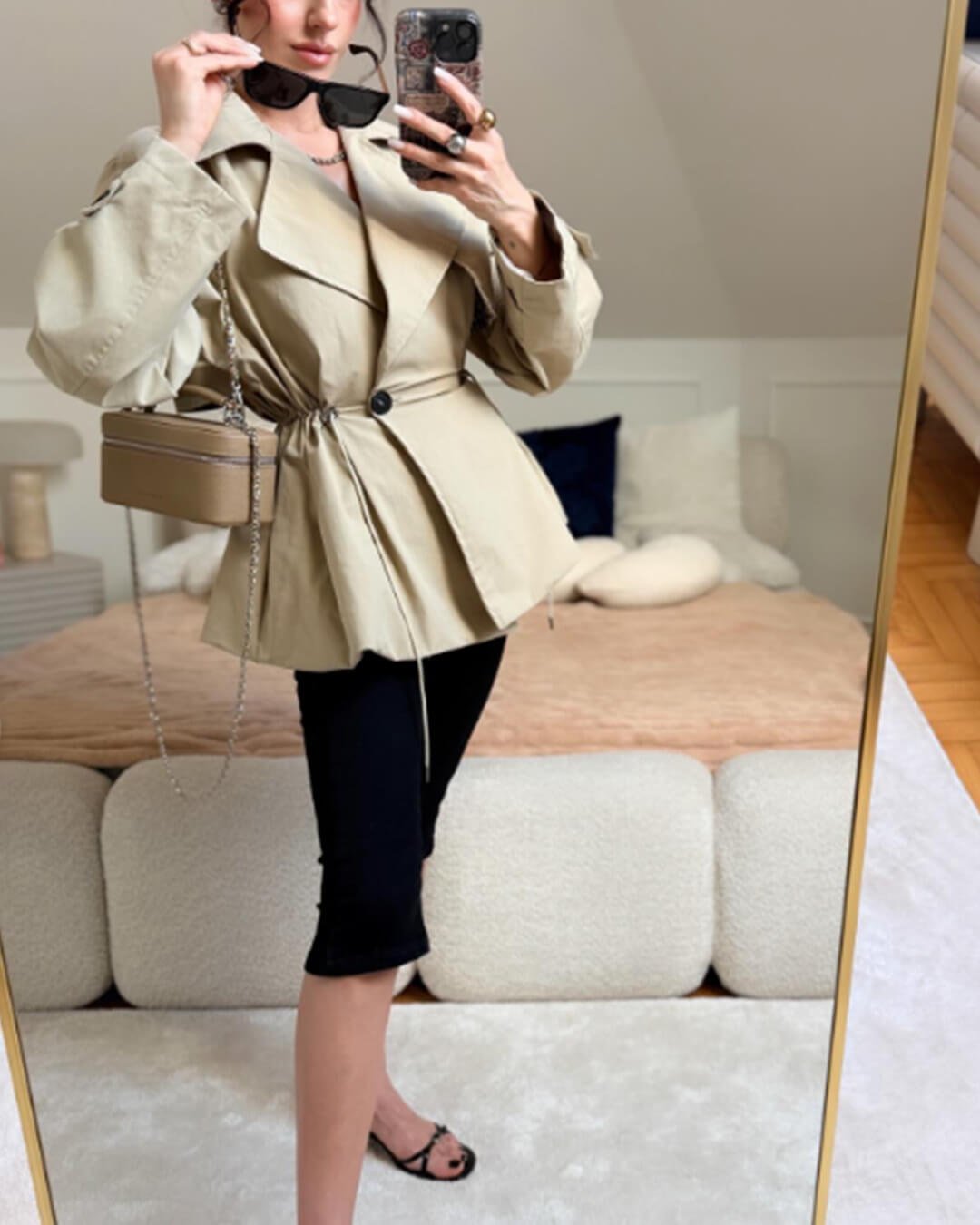 OLANE Lapel Collar Drawstring Trench Coat BeigeMWomen's Coats & Jackets