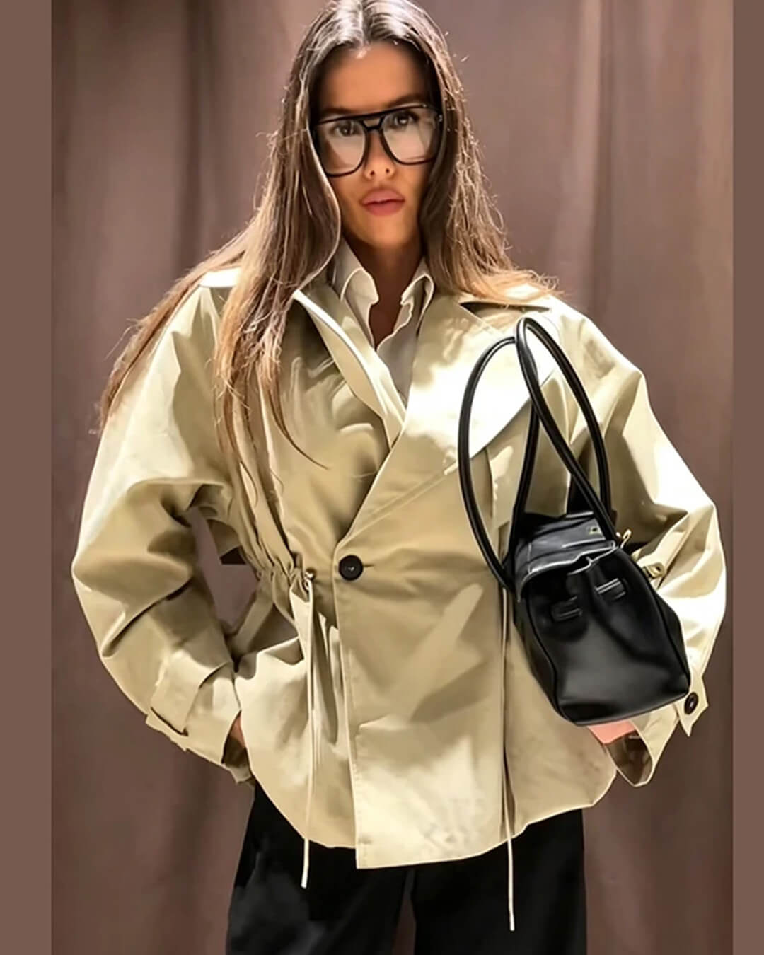 OLANE Lapel Collar Drawstring Trench Coat BeigeSWomen's Coats & Jackets