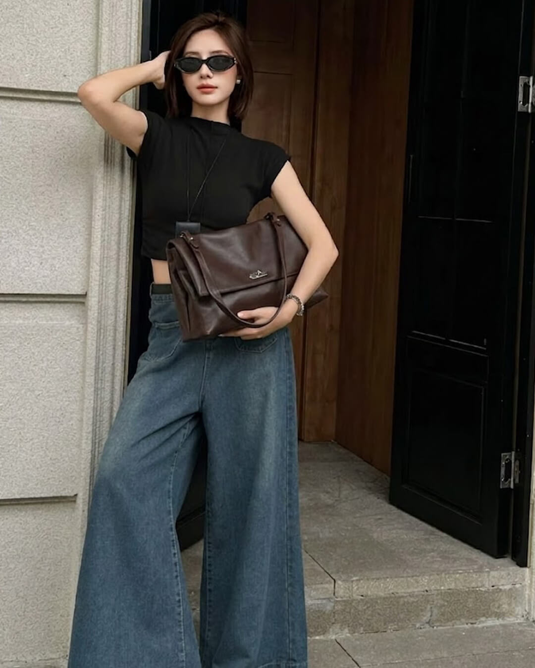 OLANE Leather Flap Maxi Shoulder Bag Brown32x9x22 cmWomen's Handbags