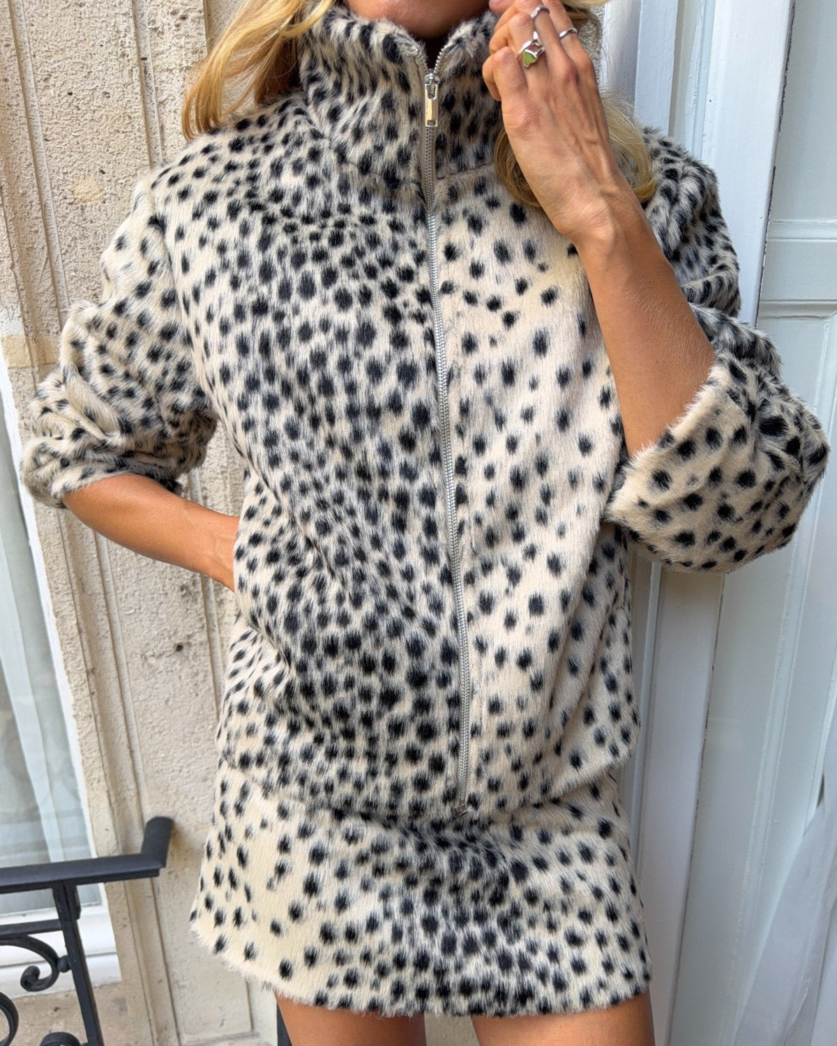 OLANE Leopard Faux Fur Jacket & Mini Skirt Set Set (Jacket + Skirt)MSet