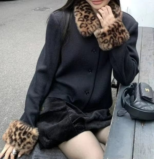 OLANE Leopard Faux Fur Trim Button-Up Jacket BlackMWomen's Coats & Jackets