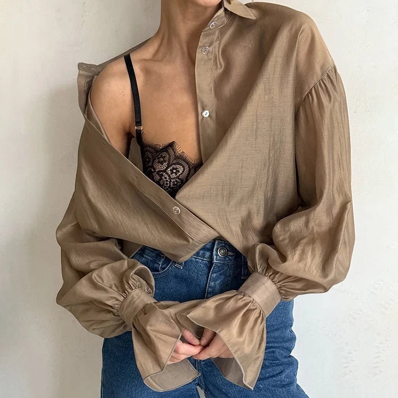 OLANE Long Sleeve Chiffon Sheer Blouse BrownSWomen’s Tops