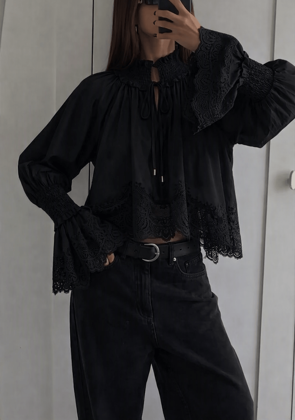 OLANE Long Sleeve Lace Trim Embroidered Blouse BlackXSWomen’s Tops