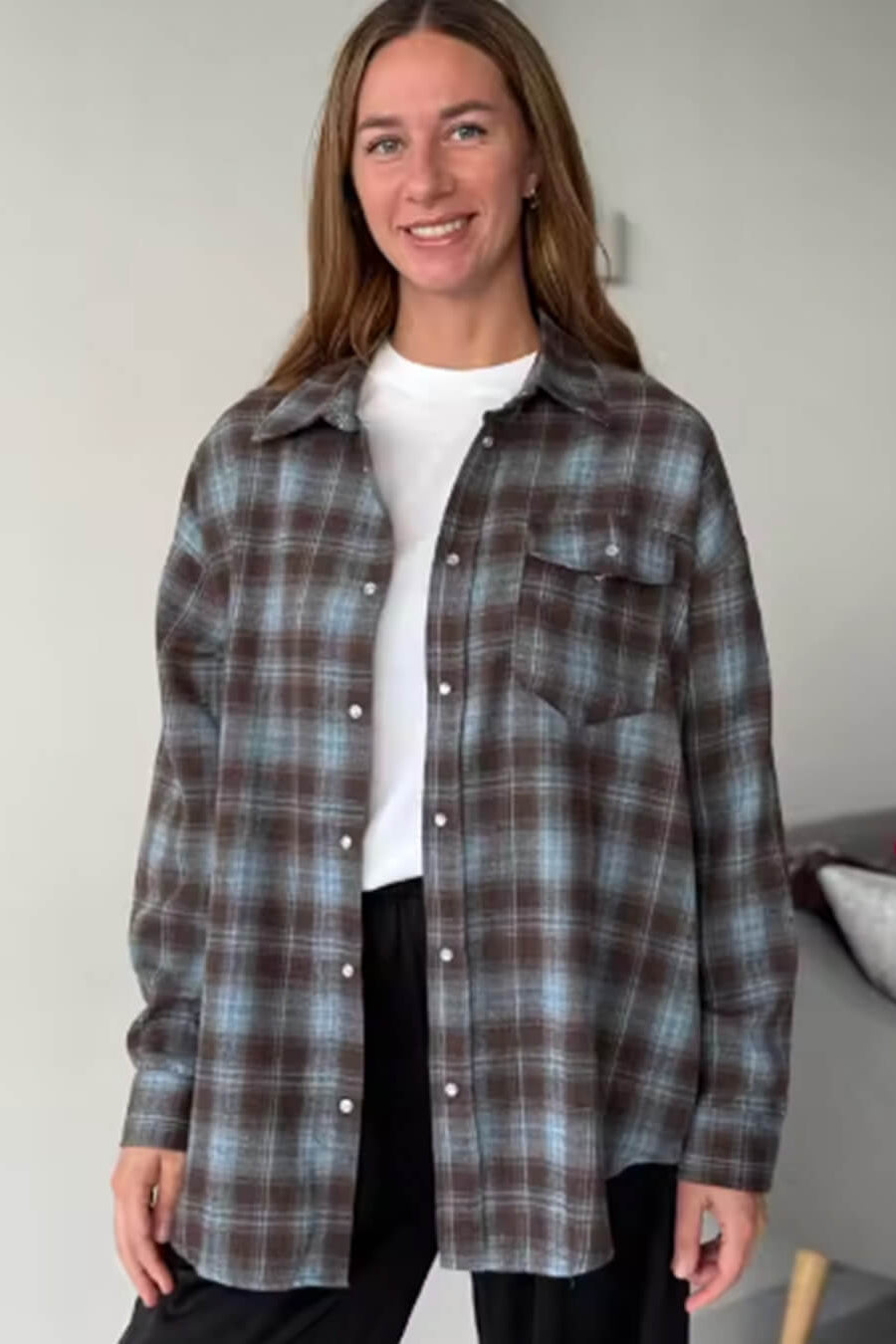 OLANE Long Sleeve Oversized Plaid Shirt Gray BlueOne SizeWomen’s Tops
