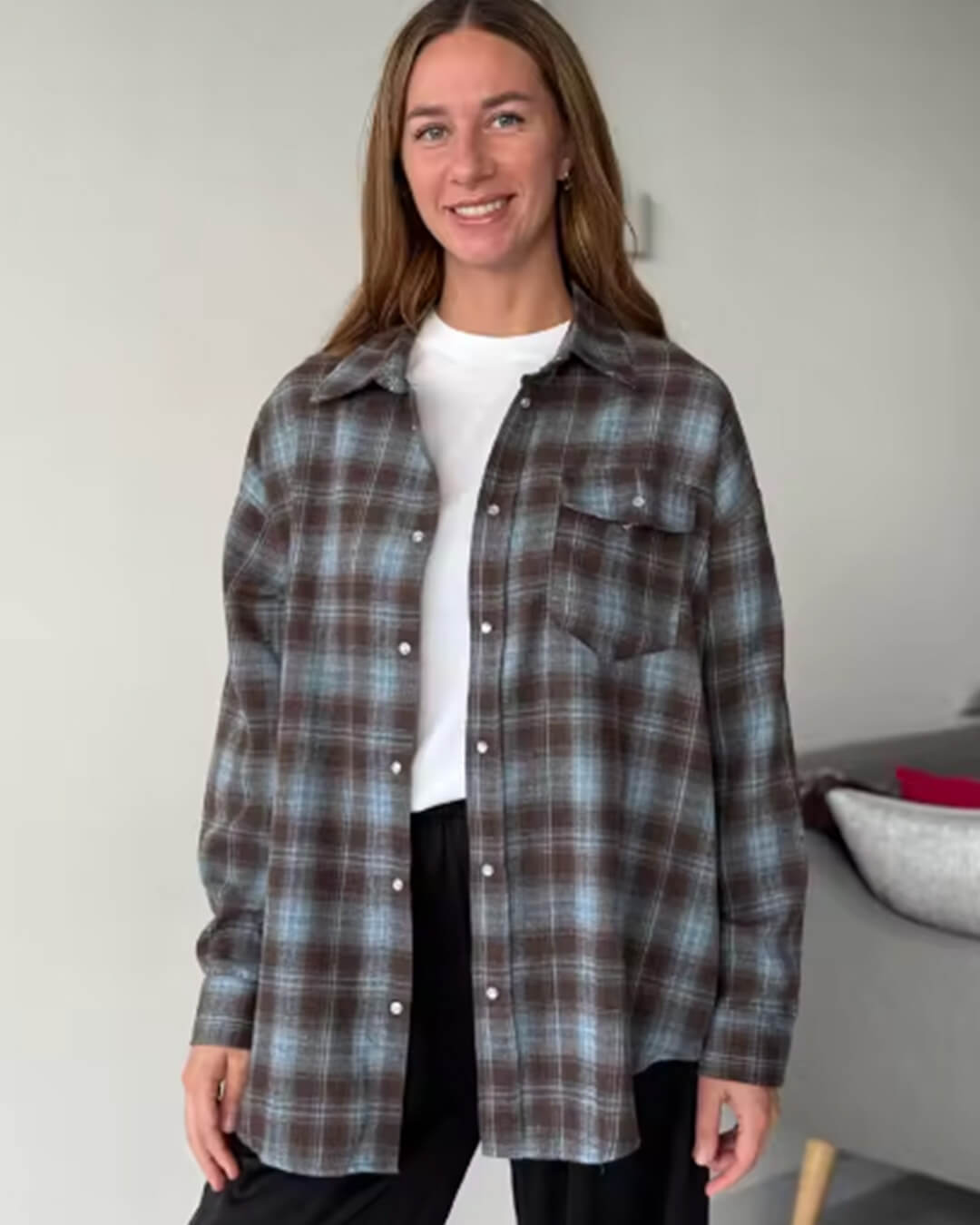 OLANE Long Sleeve Oversized Plaid Shirt Gray BlueOne SizeWomen’s Tops