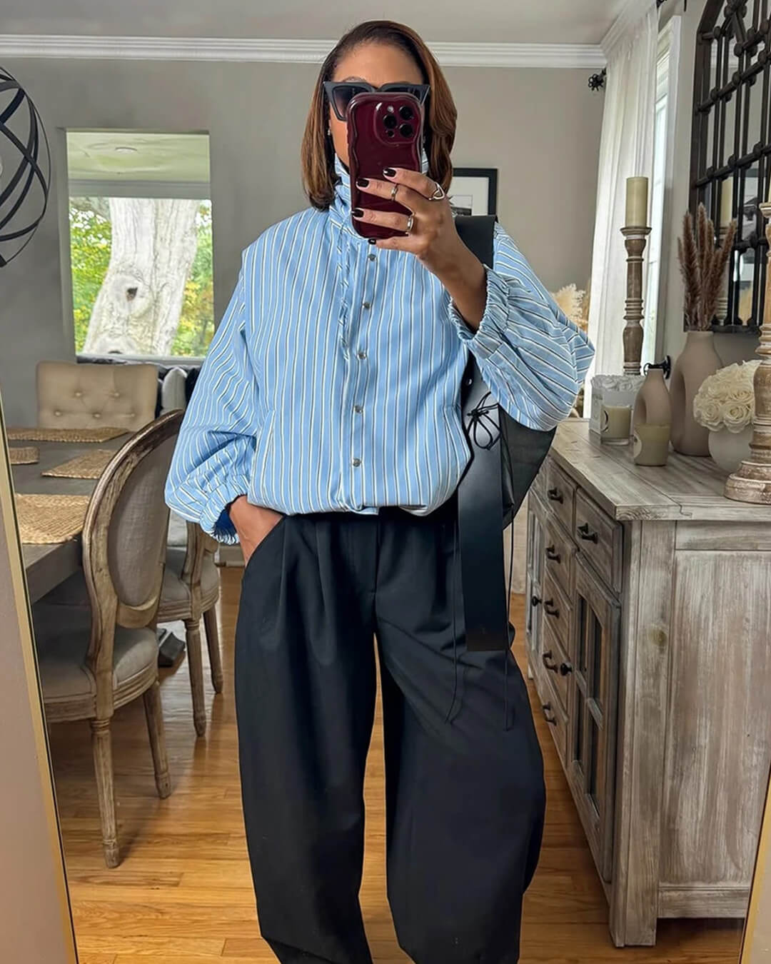 OLANE Long Sleeve Stripe High Neck Shirt BlueLWomen’s Tops