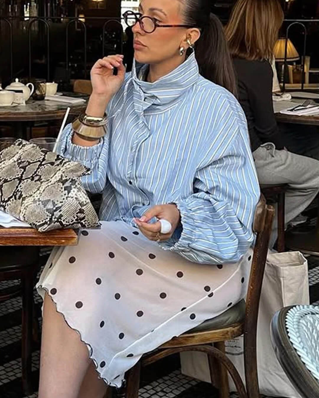 OLANE Long Sleeve Stripe High Neck Shirt BlueMWomen’s Tops