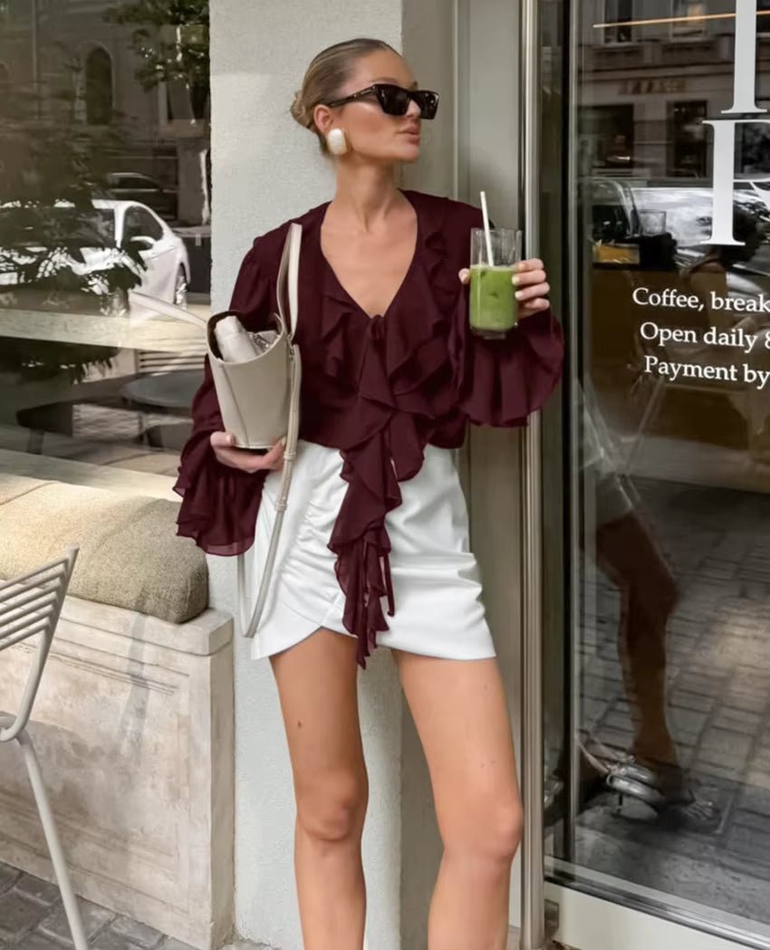 OLANE Long Sleeve Tie Neck Ruffled Blouse BurgundyLWomen’s Tops