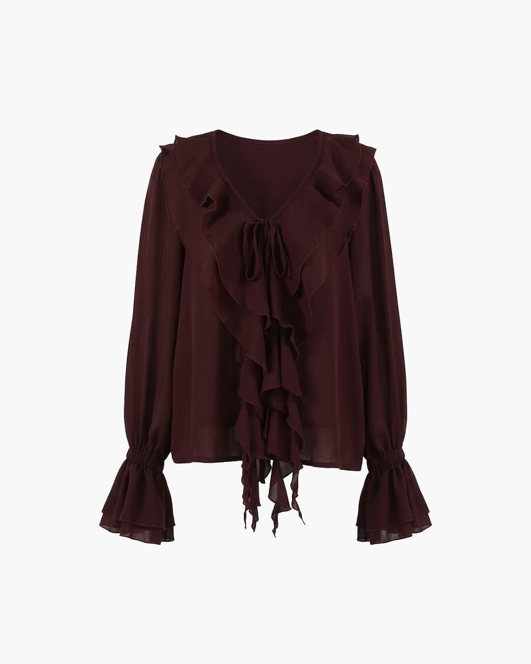 OLANE Long Sleeve Tie Neck Ruffled Blouse BurgundyMWomen’s Tops