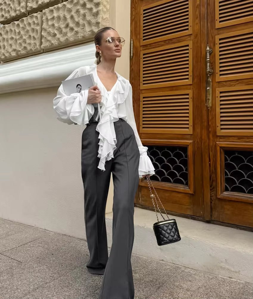 OLANE Long Sleeve Tie Neck Ruffled Blouse WhiteMWomen’s Tops