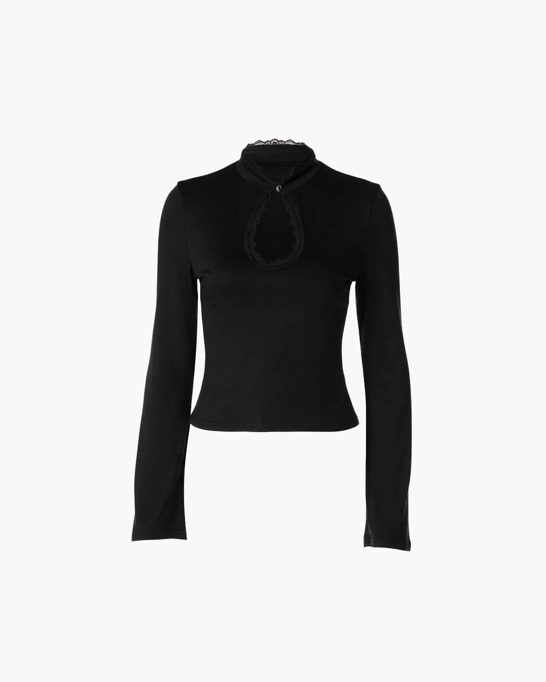 OLANE Long Sleeves High Neck Keyhole Blouse BlackXSWomen's Tops