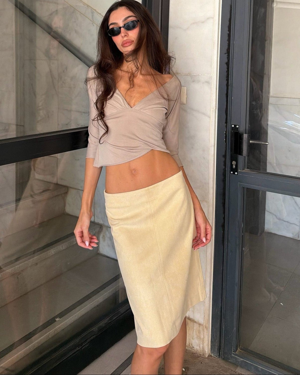 OLANE Low-Waist Velvet Midi Skirt BeigeLSkirt